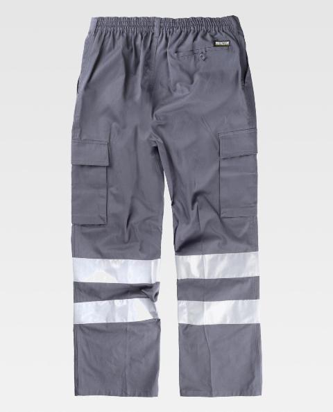 Pantalón de trabajo de color gris de 100% Algodón con Bandas Reflectantes grises de alta visibilidad en las perneras, personalizable con logo de empresa en uniforma - TB1447