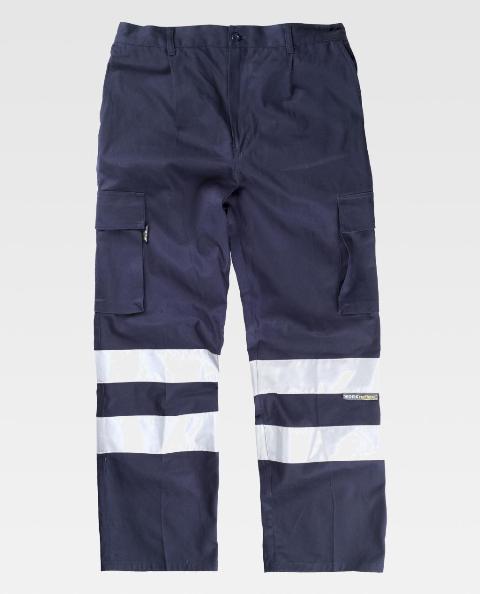 Pantalón de trabajo de color azul marino de 100% Algodón con Bandas Reflectantes grises de alta visibilidad en las perneras, personalizable con logo de empresa en uniforma - TB1447