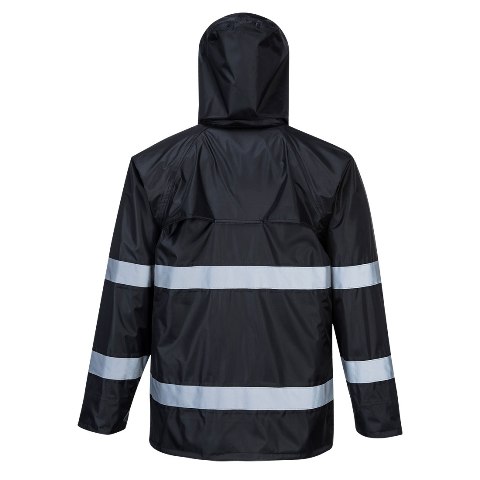 Chaqueta impermeable para lluvia Chubasquero negro Bandas Reflectantes, personalizable con logo de empresa en Uniforma - PF440