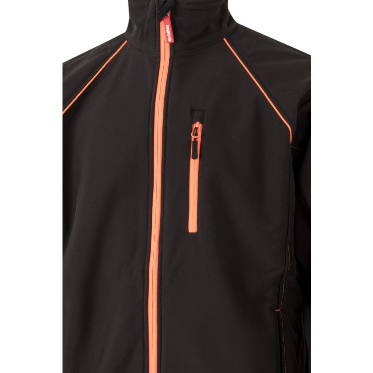 Chaqueta Softshell Bicolor Negro y Naranja transpirable cortavientos, resistente al agua, de triple capa, personalizable con logo de empresa en uniforma V206001