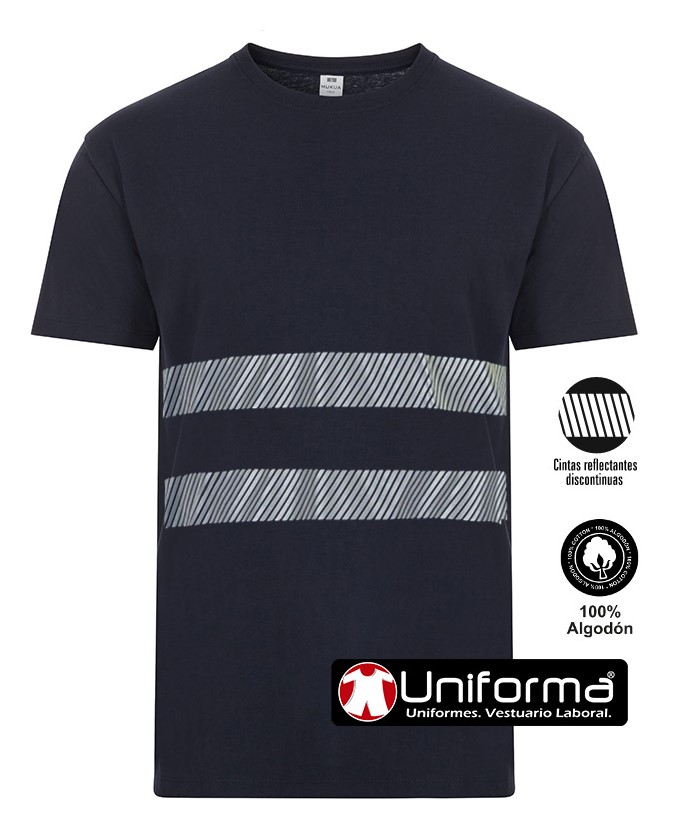 Camiseta de color azul marino de trabajo en Algodón 100% con cintas y Bandas reflectantes de Alta Visibilidad segmentadas, de manga corta, cuello redondo,  transpirables, que permiten la flexibilidad de la camiseta, personalizable con logo de empresa en uniforma.  UN003