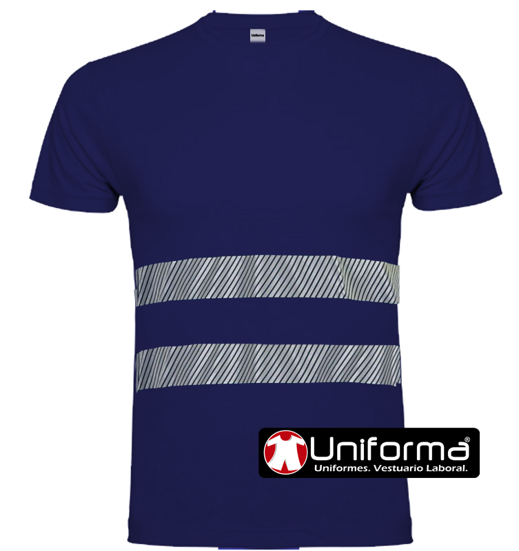 Camiseta de color azul marino de trabajo en Algodón 100% con cintas y Bandas reflectantes de Alta Visibilidad segmentadas, de manga corta, cuello redondo,  transpirables, que permiten la flexibilidad de la camiseta, personalizable con logo de empresa en uniforma.  UN003