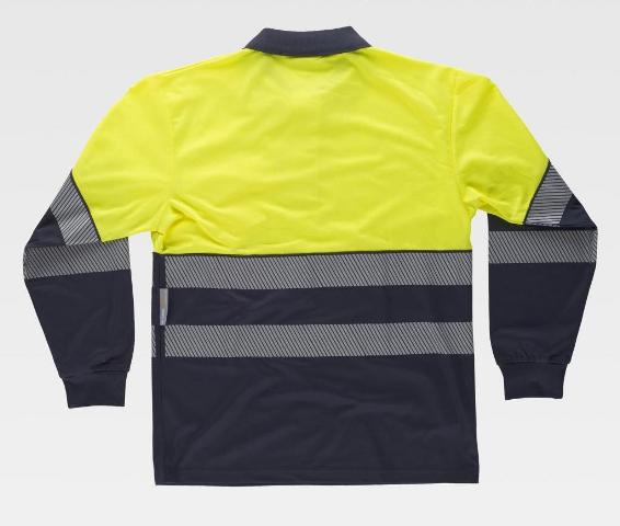 Polo de trabajo de Alta Visibilidad de Manga larga con bandas reflectantes segmentadas discontinuas de color amarillo y marino personalizable con logo de empresa en uniforma - TC3891