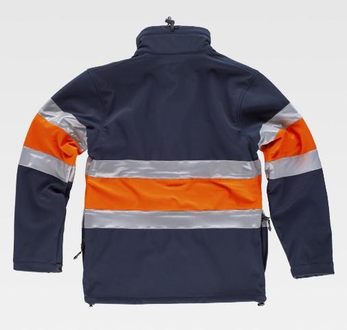 Chaqueta de trabajo impermeable cortavientos tipo Softshell de tripla capa, de color azul marino, combinado con Alta visibilidad y bandas reflectantes, EN ISO 20471 Clase 1, personalizable con logo de empresa en Uniforma - TS9520