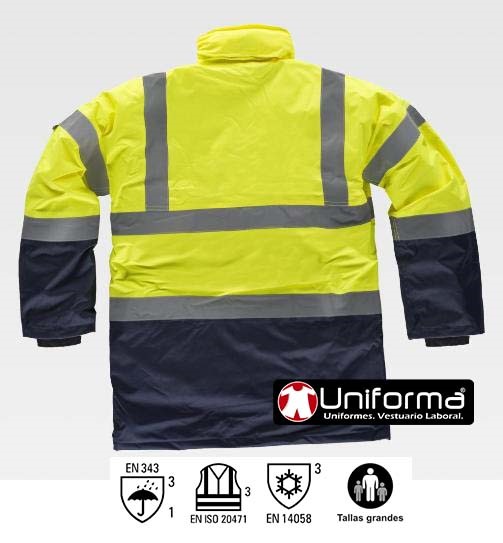 Parka de trabajo de amarilla Alta Visibilidad reflectante homologada contra el  Frío lluvia y  Mal tiempo personalizable en uniforma - TC3710