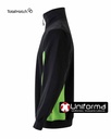 Sudadera de trabajo de diseño Bicolor Negra y Verde con cierre de media cremallera y cuello alto con puños elásticos, en felpa perchada, con tratamiento anti pilling personalizable con logo de empresa en uniforma con serigrafía bordado o impresión digital DTF