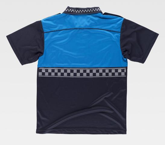 Polo de trabajo en tejido Técnico para Vigilante  de seguridad,, controladores de aparcamientos, control de seguridad, azul claro y marino con hombreras y damero reflectante personalizable con logo de empresa en uniforma - TC3855