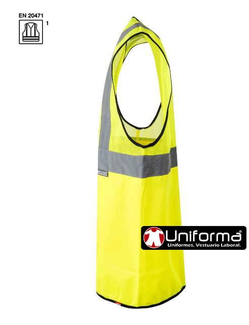 Chaleco de trabajo amarillo reflectante de Alta Visibilidad en tejido de malla de Rejilla transpirable contra el calor, de alta evacuación del calor, homologado en alta visibilidad según EN ISO 20471 clase 1, personalizable con logo de empresa en uniforma.net - V146