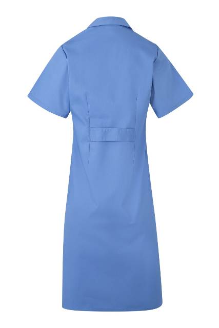 Bata de trabajo de mujer de manga corta con cierre de botones y cinta en la espalda de color azul celeste - V907