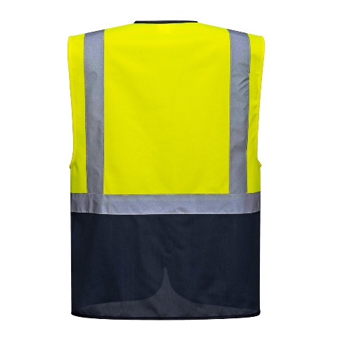 Chaleco de trabajo reflectante amarillo de Alta Visibilidad de diseño Bicolor con varios bolsillo y porta identificación, personalizable con logo de empresa en Uniforma - PC476