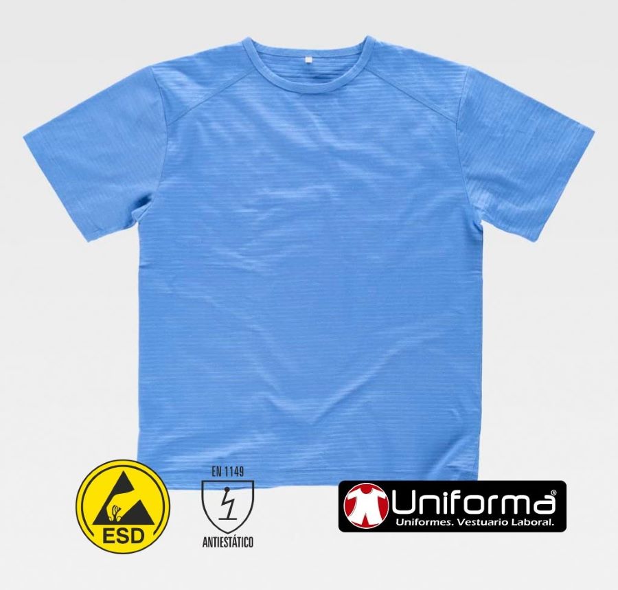 Camiseta ESD Anti estática Disipativa con fibra de carbono para  disipar la carga electroestática, de color azul celeste, personalizable con logo de empresa en uniforma  - TS6090