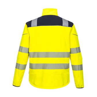 Chaqueta de trabajo tipo Softshell de color amarillo con azul marino de Alta Visibilidad Bicolor de Triple Capa impermeable personalizable con logo de empresa en uniforma - PT402