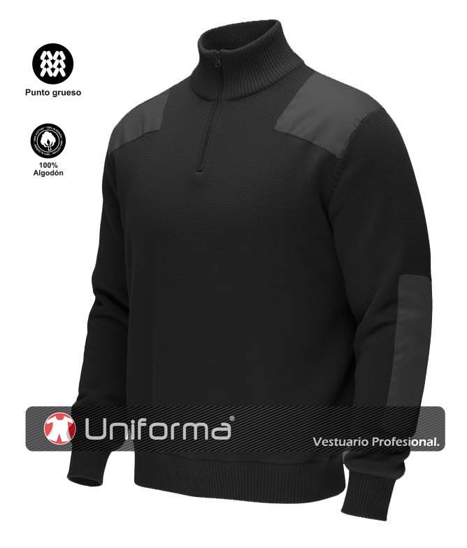 Jersey Negro Grueso de 100% Algodón con Cuello Alto y cierre de media cremallera, personalizable con logo de empresa en Uniforma - TS5502