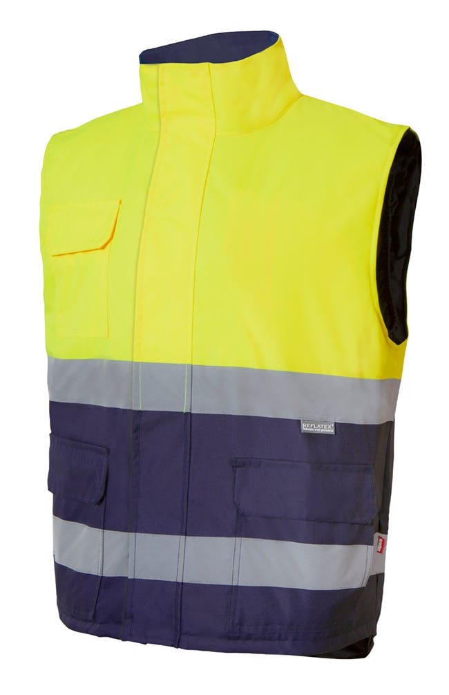 Chaleco de trabajo reflectante de alta visibilidad acolchado contra el frío en color amarillo y azul marino, cortavientos, de seis bolsillos con forro polar en el cuello, personalizable con logo de empresa en uniforma.net - V305902