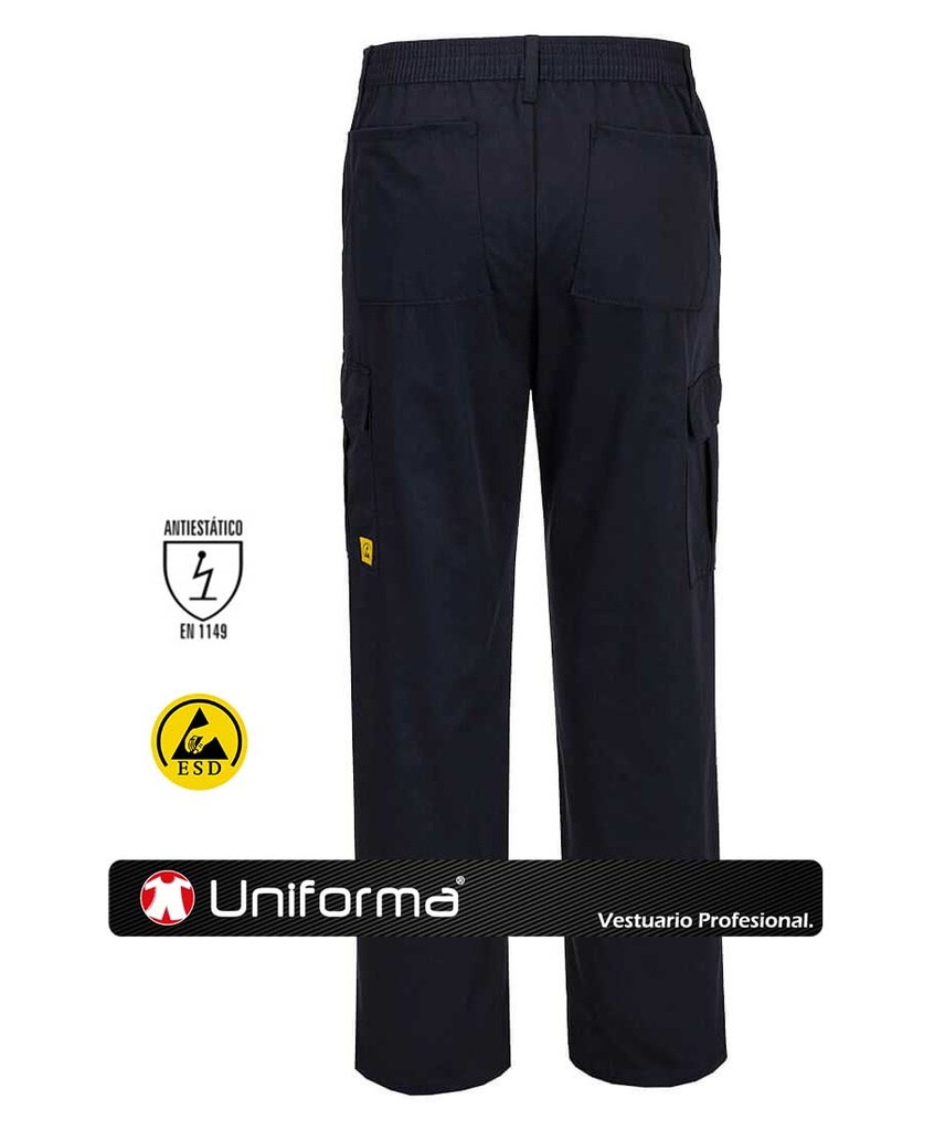 Pantalón de trabajo Marino antiestático ESD Disipativo de la carga Electroestática con fibra de carbono conductora  para evitar la acumulación de carga electroestática para trabajar con componentes electrónicos, personalizable con logo de empresa en uniforma - PAS11