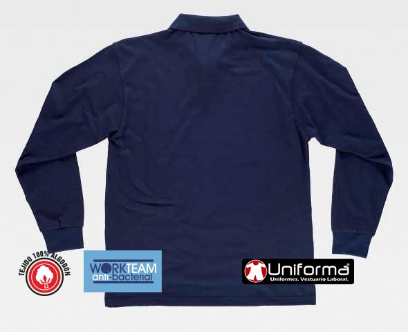 Polo de trabajo Anti-Bacterias azul marino de Manga Larga en tejido de 100% algodón con tratamiento de iones de plata para evitar la proliferación de bacterias y hongos, así como los malos olores, personalizable con logo de empresa en uniforma  - TC3410