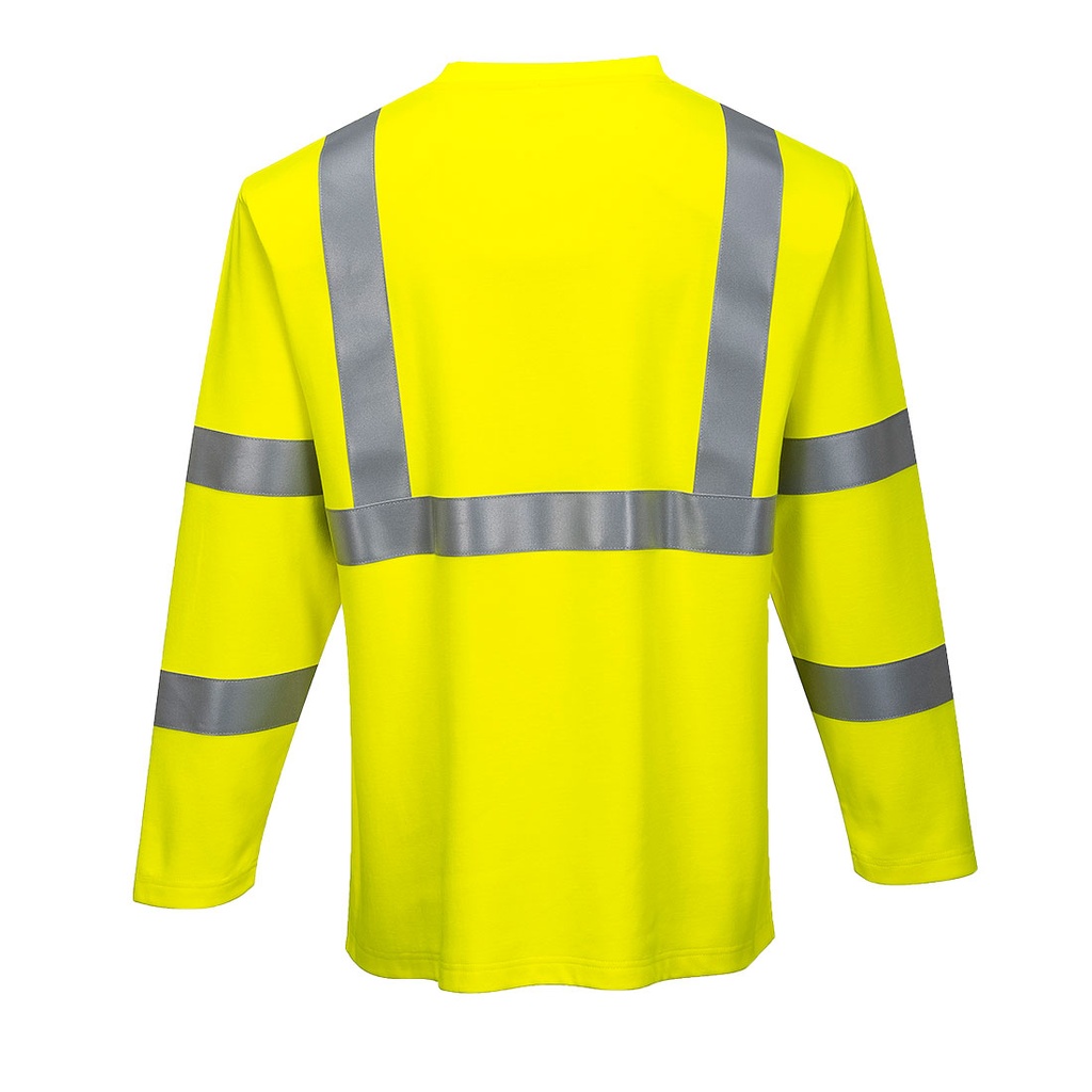 Camiseta de trabajo amarilla reflectante de Manga Larga ignífuga Resistente a la Llama de Alta Visibilidad con bandas reflectantes verticales y horizontales, personalizable con logo de empresa en uniforma  - PFR96