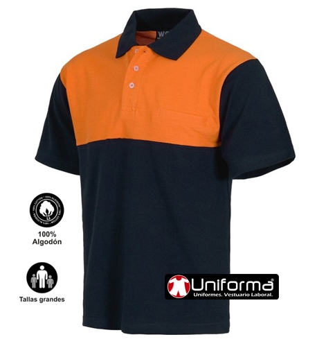 Polo de trabajo de Algodón con tejido de Alta visibilidad  Marino y naranja, tipo polo de protección civil,  para empresas personalizable con bandas y con logotipos -TC3840