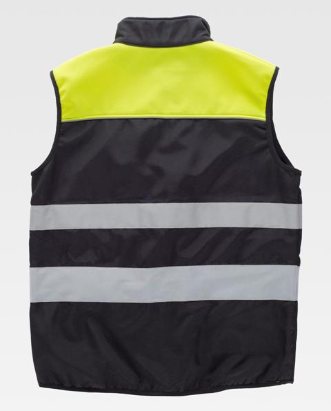 Chaleco de trabajo Bicolor Reflectante de color negro combinado con alta visibilidad en amarillo flúor con bandas de alta visibilidad y tejido neopreno softshell  - TC2921
