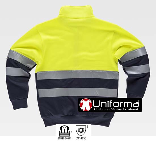 Sudadera de trabajo Marino y amarillo reflectante de Alta Visibilidad con cierre de cremallera y cuello alto personalizable con logo de empresa en Uniforma - TC9037