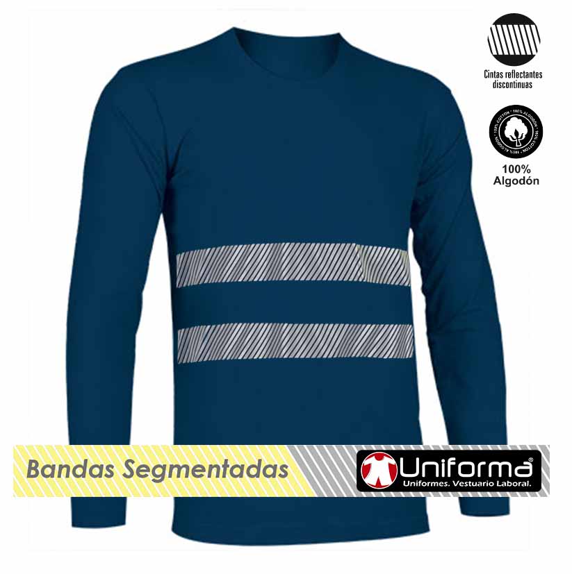 Camiseta de trabajo de manga larga azul marino de algodón 100% con bandas reflectantes  tipo segmentadas personalizables para empresas en uniforma