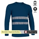 Camiseta de trabajo de manga larga azul marino de algodón 100% con bandas reflectantes  tipo segmentadas personalizables para empresas en uniforma
