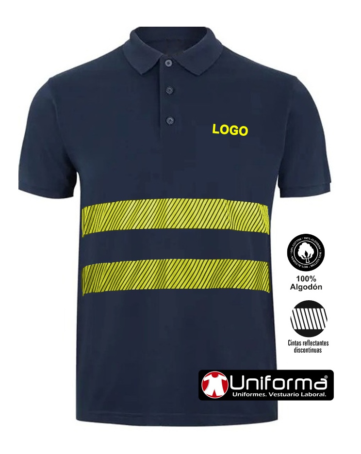Polo de trabajo de Algodón 100% de color marino con bandas de Alta Visibilidad segmentadas discontinuas en uniforma  - UN220