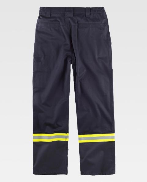 Pantalón de trabajo Ignífugo resistente a la llama azul marino con bandas reflectantes ignífugas bicolor del tipo noche y día, para soldadores, resistente a la soldadura, contra el arco eléctrico y anti estático, personalizable con logo de empresa en uniforma  - TB1498