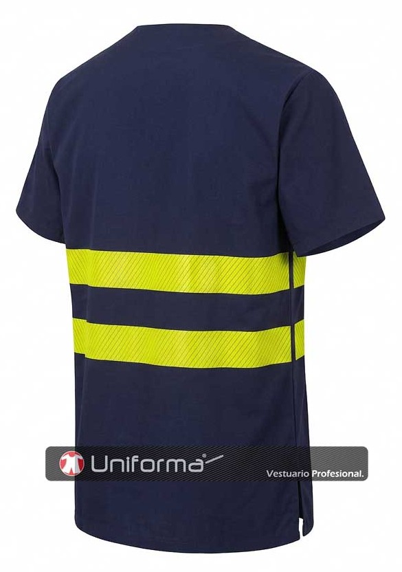Casaca casulla o chaquetilla de manipulador de alimentos industrial alimentación sin bolsillos y con bandas amarillas de alta visibilidad en uniforma.net  - UN5112