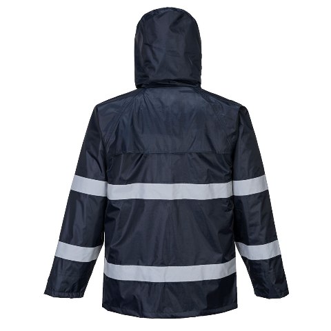 Chaqueta Chubasquero impermeable de color Marino con Bandas Reflectantes de alta visibilidad y capucha, personalizable con logo de empresa en uniforma - PF440