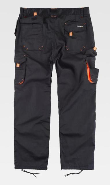 Pantalón de trabajo de alta calidad reforzado bicolor con refuerzos de rodilleras de color negro y naranja personalizable para empresas en uniforma