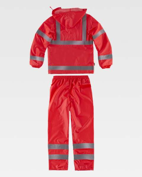 Conjunto impermeable de Alta visibilidad de  color Rojo de dos piezas, chaqueta con capucha y pantalón homologado alta visibilidad personalizable para empresas  en uniforma TS2015