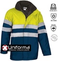 Parka de trabajo en tejido Oxford Marino y amarillo  reflectante de Alta Visibilidad impermeable para Frío y Lluvia con capucha oculta personalizable con logo de empresa en uniforma - VL2360