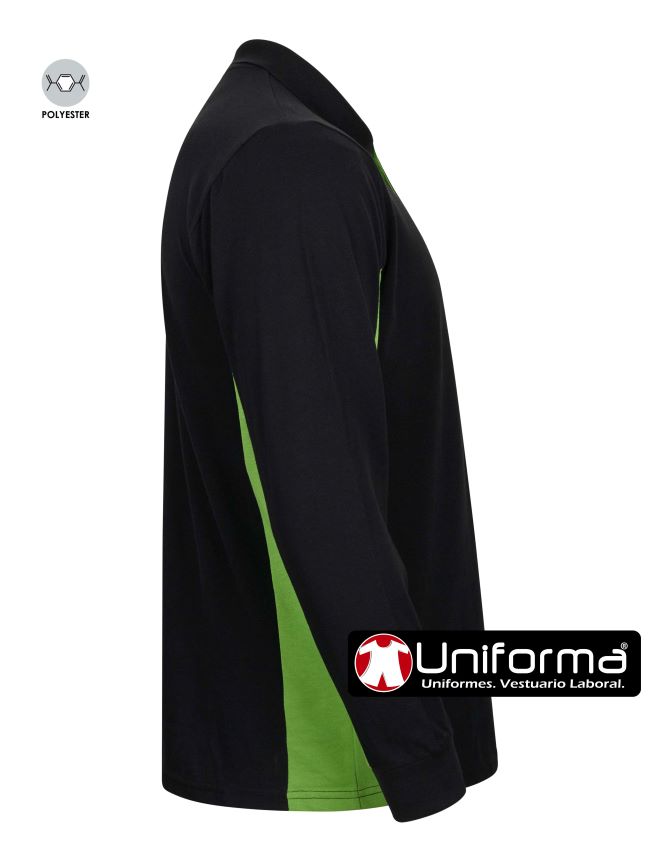 Polo de trabajo de color negro y verde de diseño combinado bicolor con colores a contraste de manga larga para empresas con colores corporativos personalizables con logo en uniforma  - V105514