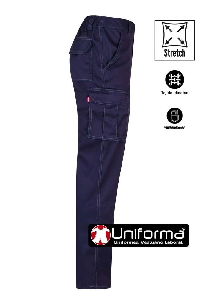 Pantalón de trabajo elástico azul marino multibolsillos con bolsillos de cargo laterales personalizable con logo de empresa en uniforma - V103002S