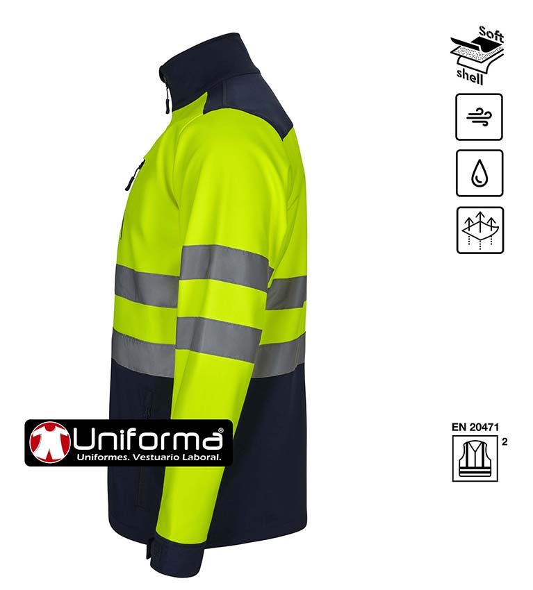 Chaqueta Softshell Bicolor de Alta Visibilidad de triple capa, impermeable, cortavientos, con forro polar, en tejido elástico, personalizable con logo de empresa en uniforma, de color amarillo y azul marino  - V306006