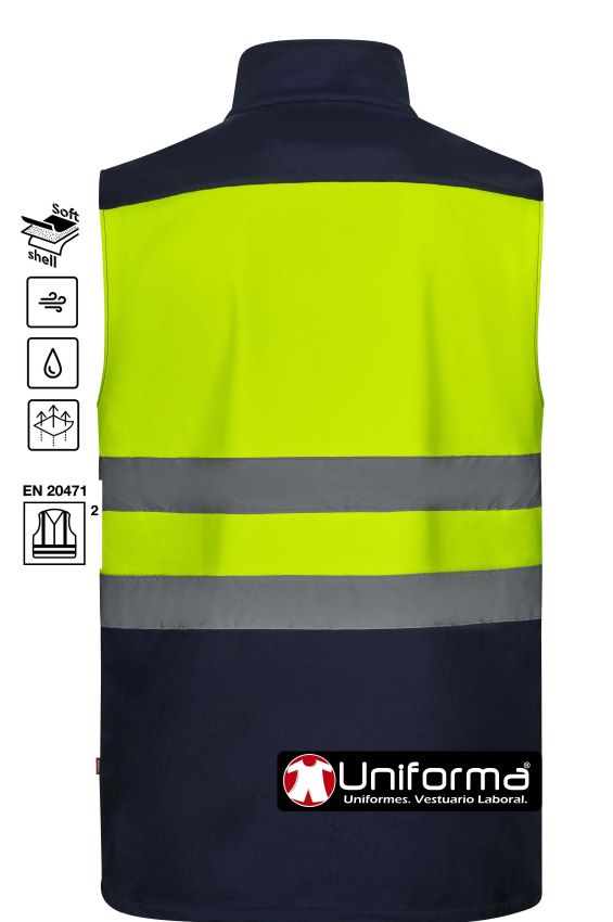 Chaleco de trabajo tipo Softshell Amarillo reflectante de  Alta Visibilidad Clase 2 diseño Bicolor cortavientos resistente a la lluvia y a los líquidos, con forro polar interno, personalizable con logo de empresa en uniforma - V305906