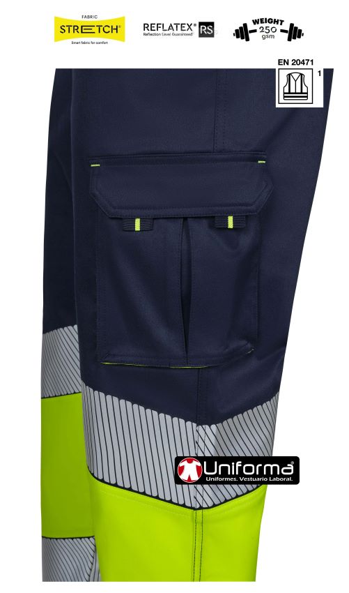 Pantalón de trabajo de Alta Visibilidad clase 1 reflectante en tejido elástico lo que lo hace resistente y duradero, con las bandas reflectantes segmentadas discontinuas y oblicuas para mas superficie reflectante y más seguridad, personalizable con logo de empresa en uniforma.net V303008S3008S