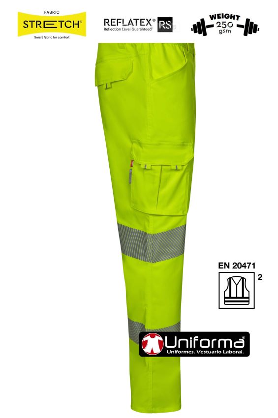 Pantalón de trabajo de Alta Visibilidad de tejido Elástico con Bandas reflectantes Oblicuas para mas superficie reflectante cómodos y resistentes, personalizables con logo de empresa en uniforma.net - V303009S