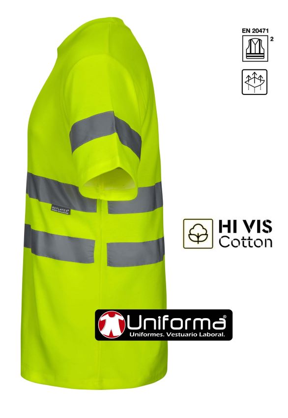 Camiseta de trabajo de Alta Visibilidad amarilla reflectante con tejido His Vis Cotton con Algodón por dentro en contacto con la piel, personalizable con logo de empresa en uniforma - V305612