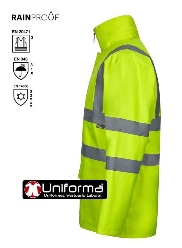 Parka de trabajo de Alta Visibilidad de color amarilla fluor reflectante impermeable con capucha Desmontable y convertible en chubasquero, cazadora y chaleco, personalizable con logo de empresa en uniforma.net - V306007