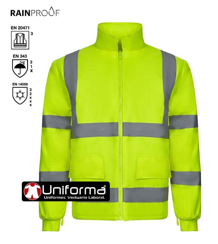 Parka de trabajo de Alta Visibilidad de color amarilla fluor reflectante impermeable con capucha Desmontable y convertible en chubasquero, cazadora y chaleco, personalizable con logo de empresa en uniforma.net - V306007