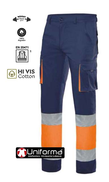 Pantalón de trabajo de Alta Visibilidad de Algodón homologado EN ISO 20471 en clase 1, de diseño multibolsillos, y de gramaje resistente personalizable con logo de empresa en uniforma.net - V303007