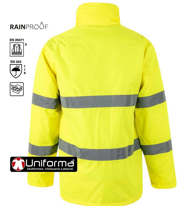 Parka Amarilla Reflectante Alta Visibilidad Homologada EN ISO 20471 clase 3, Mal tiempo EN343, con capucha, Rainproof, personalizable con logo de empresa en uniforma.net  - V306004