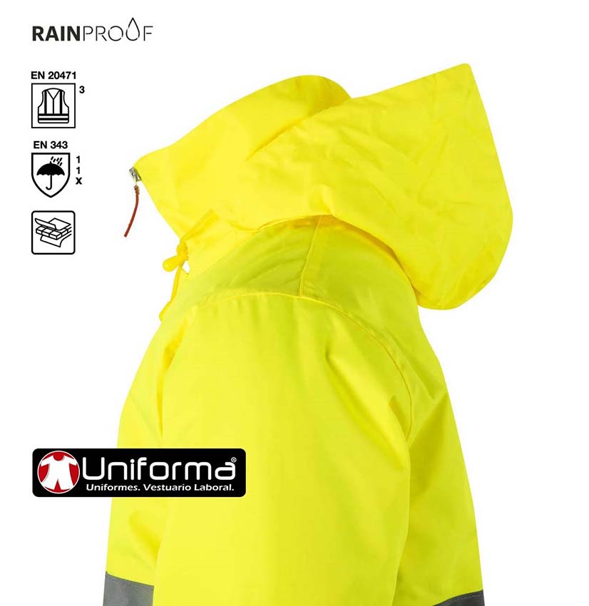 Parka Amarilla Reflectante Alta Visibilidad Homologada EN ISO 20471 clase 3, Mal tiempo EN343, con capucha, Rainproof, personalizable con logo de empresa en uniforma.net  - V306004