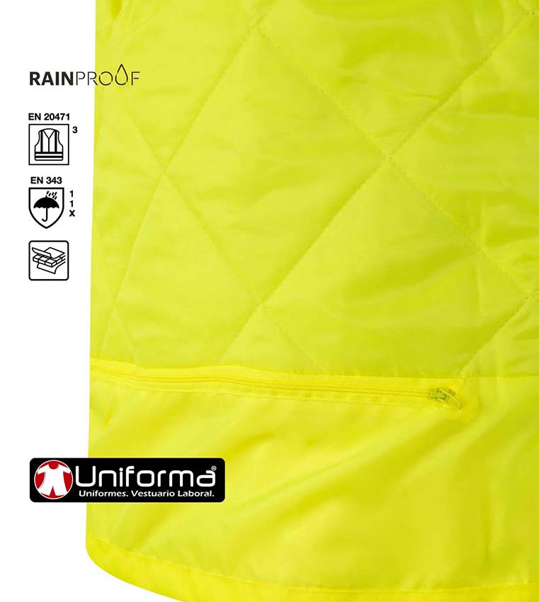 Parka Amarilla Reflectante Alta Visibilidad Homologada EN ISO 20471 clase 3, Mal tiempo EN343, con capucha, Rainproof, personalizable con logo de empresa en uniforma.net  - V306004