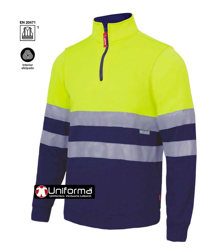 Sudadera de trabajo de alta visibilidad de diseño Bicolor reflectante con cierre de Media Cremallera en tejido técnico indeformable de 100% poliéster  personalizable con logo de empresa en uniforma.net - V305701