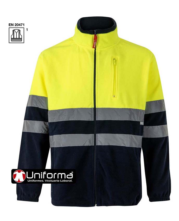 Chaqueta Polar amarillo reflectante y marino de  Alta Visibilidad Clase 1 con cierre de Cremallera Completa y cuello alto, personalizabl con logo de empresa en uniforma.net - V183