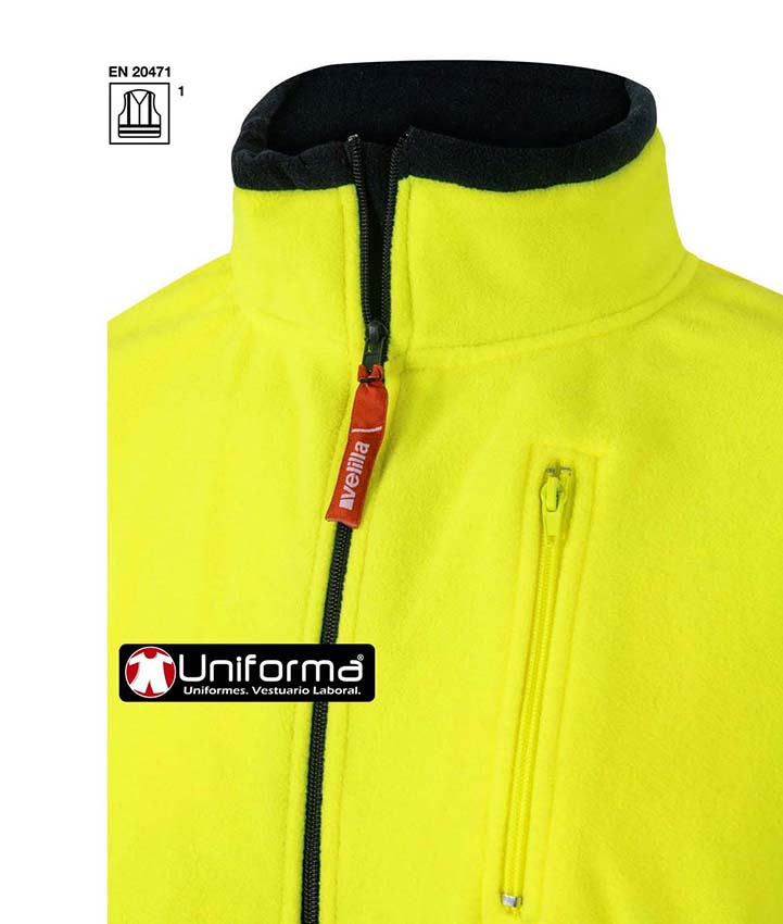 Chaqueta Polar amarillo reflectante y marino de  Alta Visibilidad Clase 1 con cierre de Cremallera Completa y cuello alto, personalizabl con logo de empresa en uniforma.net - V183