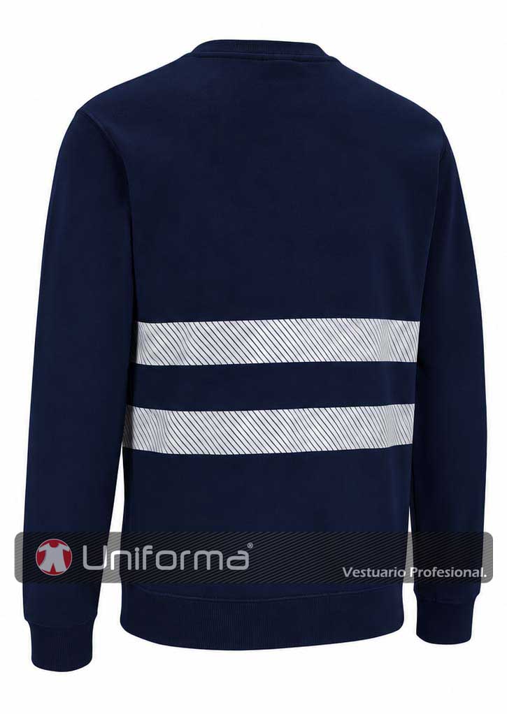 Sudadera de trabajo de color azul marino con bandas reflectantes grises reflectantes del tipo segmentadas discontinuas para mayor comodidad, con cuello redondo y puños elásticos, personalizable con logo de empresa en uniforma UN2280